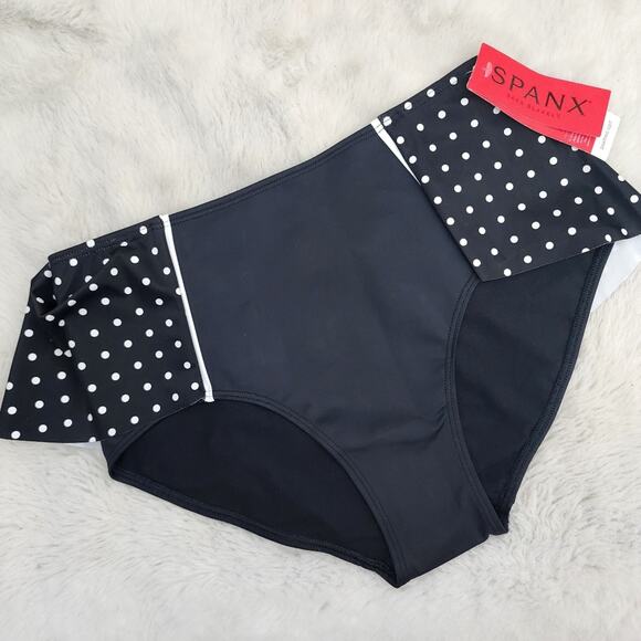 NEW Spanx Black Polka Dot Flirty Skirted Ruffle Swim Bottom - Picture 1 of 9